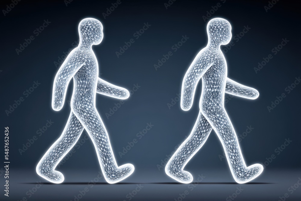 Poster digital wireframe human figures in synchronized motion demonstrating concepts of technology innovati