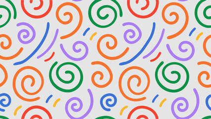 Vibrant Abstract Pattern with Swirls and Lines. A cheerful and playful seamless pattern featuring colorful swirls and lines on a light gray background.