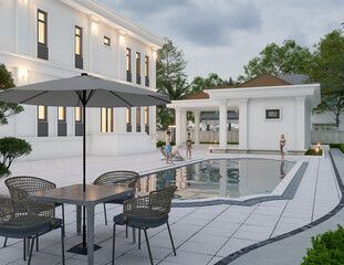 3d rendering of neoclassical villa, exterior design with Landscaped Grounds