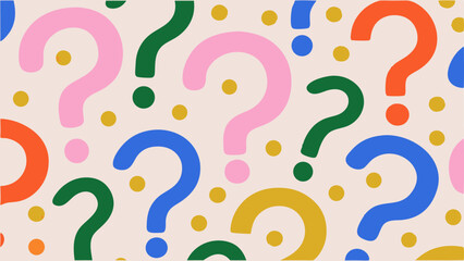 Playful Question Mark Pattern on a Soft Beige Background. A fun and vibrant pattern featuring various question marks and circles in bright, cheerful colors (orange, pink, blue, green).
