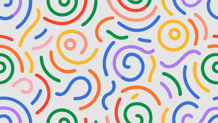 Vibrant Abstract Pattern with Colorful Lines and Circles. This image features a playful and vibrant abstract pattern, composed of various shapes, including colorful lines and circles.