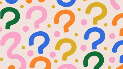 Playful Question Mark Pattern on a Beige Background. A repeating pattern of stylized question marks in vibrant colors (pink, blue, orange, green, gold) against a light beige backdrop.