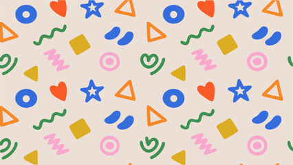 Playful Pattern of Abstract Shapes in Vibrant Colors. A cheerful and vibrant pattern featuring various abstract shapes like hearts, stars, triangles, swirls, and lines in a mix of bright, bold colors.