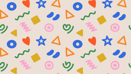 Fun, Colorful Geometric Pattern Background. A cheerful and playful pattern features various geometric shapes – circles, triangles, squares, hearts, stars, and squiggly lines – in a vibrant.