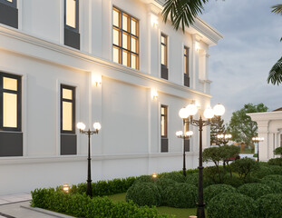 3d rendering of neoclassical villa, exterior design with Landscaped Grounds