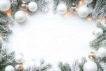 White Christmas background with spruce frosty brunches and Christmas lights, copy space