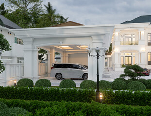 3d rendering of neoclassical villa, exterior design with Landscaped Grounds