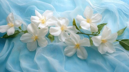 Delicate White Flowers on Soft Blue Tulle Fabric delicate soft tulle white flowers petals bloom stem