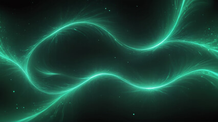 Obraz premium Abstract glowing green energy waves and particles on dark background