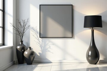 Stylish monochrome interior scene Minimalist design, vases, lamp, wall art, empty space , modern, beige
