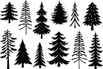 Obraz premium Collection of various black christmas tree silhouettes isolated on a white plain background design element