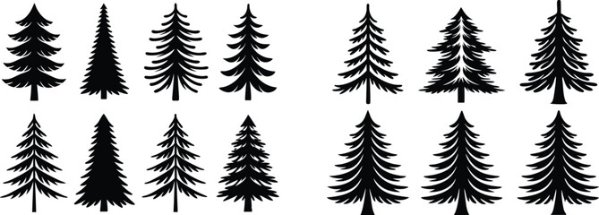 Collection of various black christmas tree silhouettes isolated on a white plain background design element