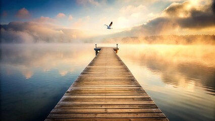 Serene Sunrise A Wooden Dock Extends Across a Misty Lake, Beckoning Towards a Golden Horizon Where a Solitary Bird Flies Freely