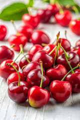 Red cherries on transparent surface arranged in fresh minimalist composition
