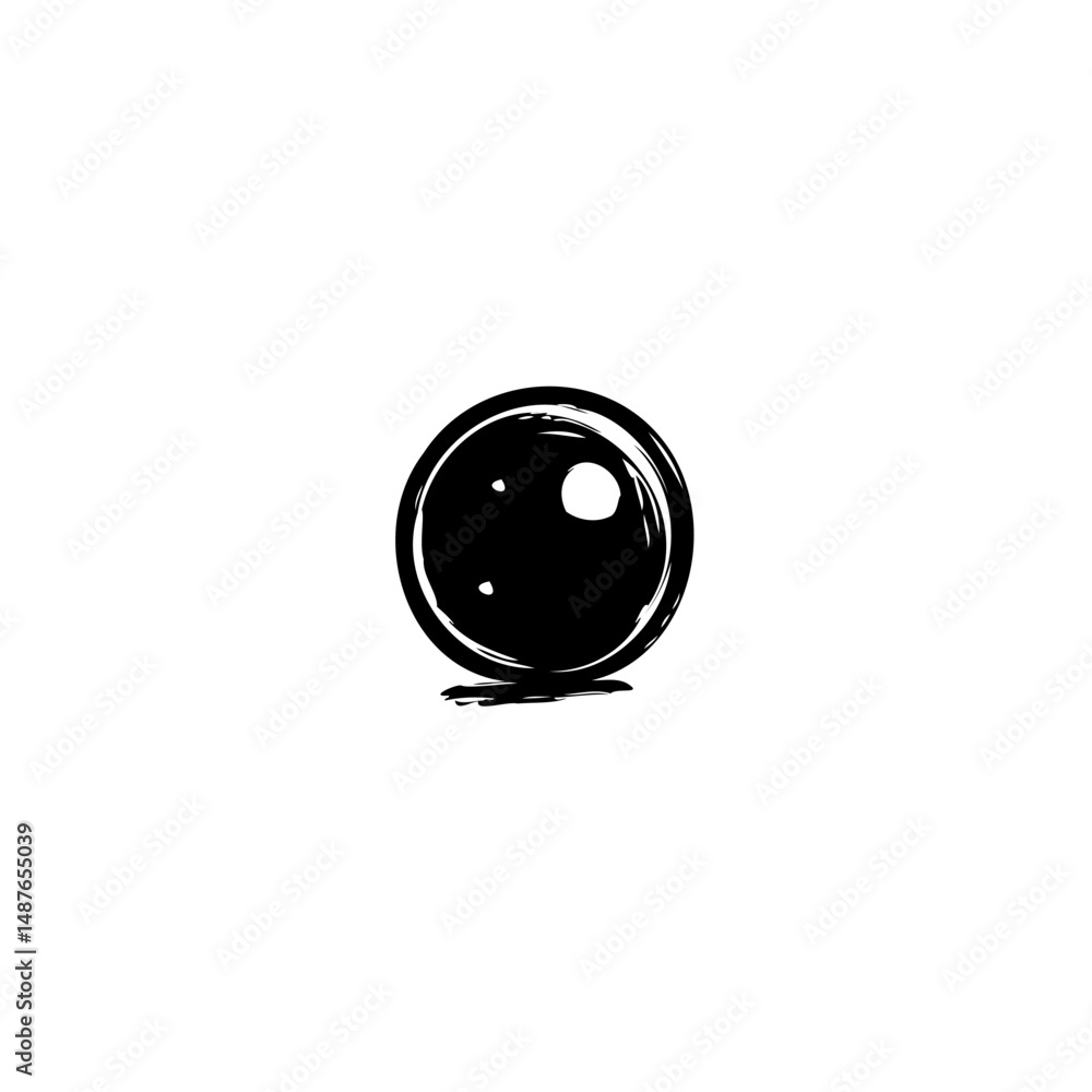 Poster monochrome ink drawing of a stylized orb with light reflection element