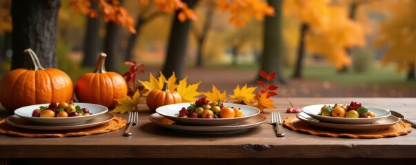 Thanksgiving table setting with autumnal decor , background, photo