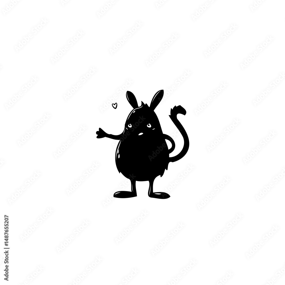 Poster whimsical shadowy creature with heart floating, creating a friendly invitation
