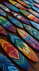 Colorful surfboard-shaped decorations arranged in rows.