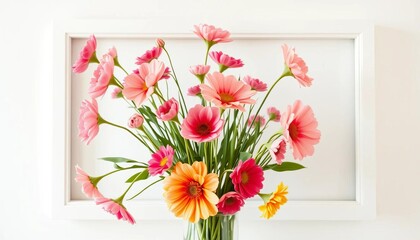 Obraz premium White frame mockup showcasing spring flowers in a vase on a light background, ideal for interior design, springtime, bright