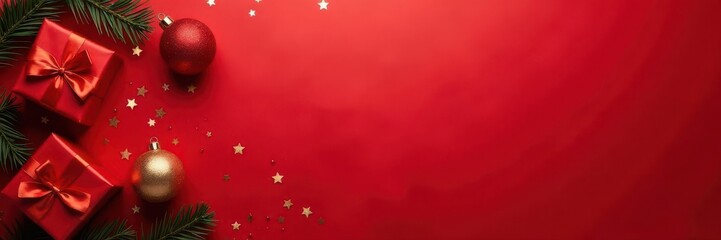 Red background, gold & red gifts, ornaments, confetti Festive holiday top view , texture, gold, image