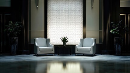 Elegant Lobby Interior Design: Two Armchairs Facing a Glass Panel