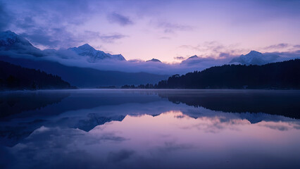 Obraz premium Serene mountain lake landscape captured at dawn with reflections in calm water and misty atmosphere