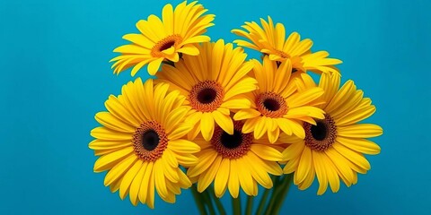 Obraz premium Vibrant yellow gerbera daisies artfully arranged against a bold blue backdrop , flora, artistic