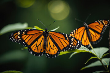 Fototapeta premium A pair of butterflies perched on some green leaves, showcasing their delicate wings and beautiful colors
