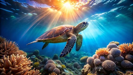 Fototapeta premium Majestic Sea Turtle Gracefully Navigating Vibrant Coral Reef Under Sunlit Ocean Waters