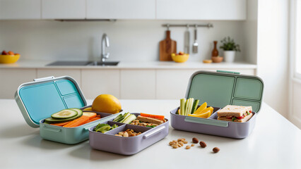 Healthy lunchboxes with fresh vegetables and fruits in kitchen on table