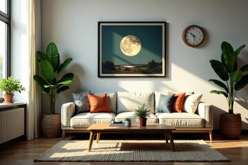 Retro living room, black frame, plants, rattan, clock, vintage decor, boxes, rattan