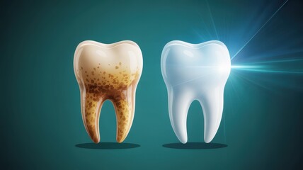 Educational graphic comparing healthy tooth and decayed tooth on dark backdrop