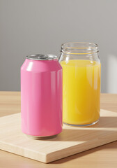 Pink can and glass jar of juice on a light wooden board