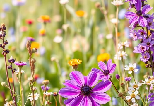 Vibrant purple wildflowers & delicate blooms in soft watercolor style, fantasy, summer