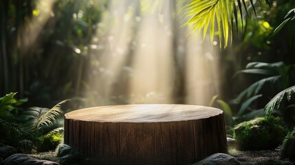 Lush jungle scene with a wooden stump.
