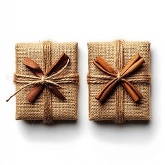 Two handcrafted burlap gift boxes decorated with cinnamon sticks presented on a white background.