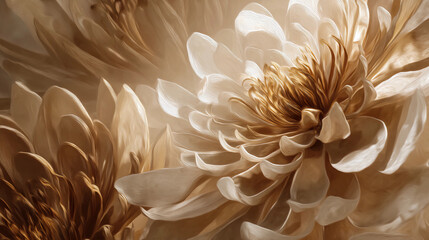 Gold abstract floral art with drop shadows, studio lighting, beige tone
