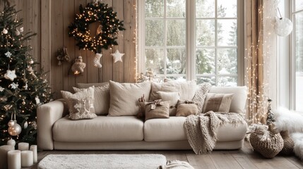 Cozy Holiday Living Room with Christmas Decorations and Snow View
