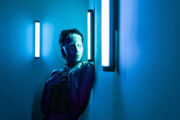 Futuristic cyberpunk woman in neon light setting