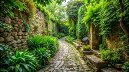 Serene Stone Path Winding Through a Lush, Verdant Garden Oasis