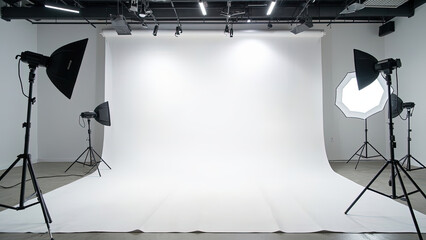 Professional studio space prepared for photography with softboxes tripods and overhead lighting for creative projects