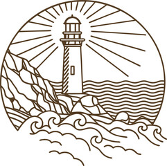 Lighthouse and waves illustration, coastal beacon by the sea, nautical maritime scene