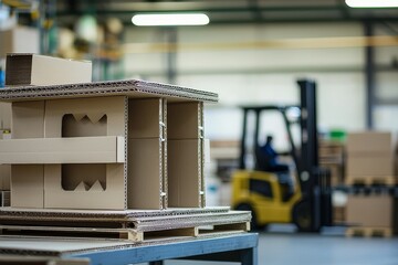Shipping warehouse racking system with collapsible cardboard furniture boxes and forklift hydraulic lines in soft background bokeh