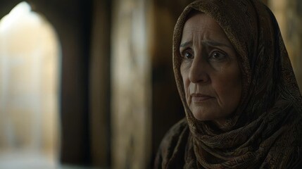 Thoughtful elderly woman in traditional headscarf with expressive emotional gaze