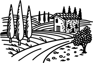 Naklejka premium Rustic countryside scene with farmhouse and cypress trees in rolling fields