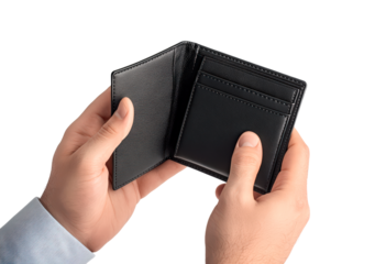 Man Holding Empty Black Leather Wallet, PNG