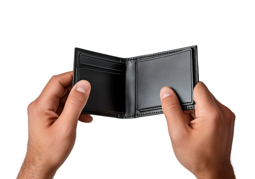 Empty black wallet in male hands isolated on transparent background