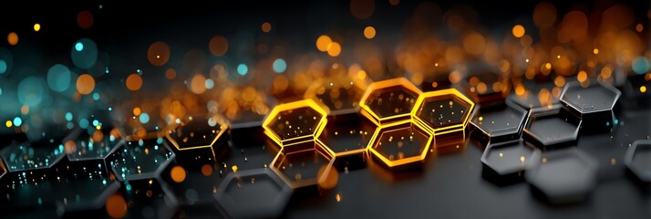 Futuristic glowing hexagon grid in neon turquoise, violet, and amber. Ultra HD sci-fi honeycomb pattern with depth effects, perfect for tech & cyberpunk themes