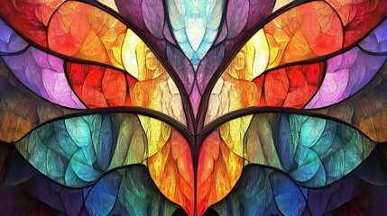 Vibrant, symmetrical artwork resembling stained glass, showcasing a blend of warm and cool colors in a stylized, organic form
