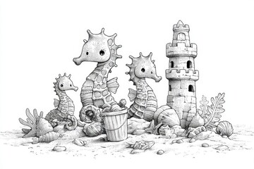 Cute seahorses playing on a sandy beach.